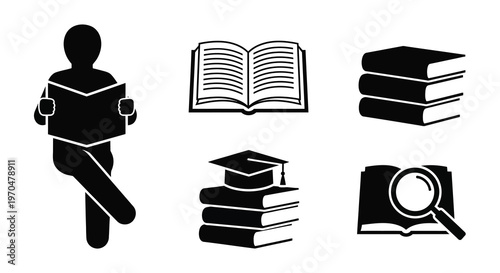 Education icons including a reading person books and graduation cap silhouette