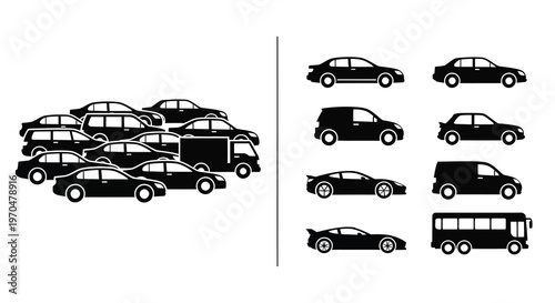 Collection of vehicle silhouettes depicting cars vans and a bus silhouette