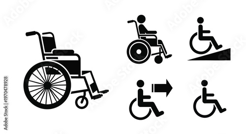 Accessibility symbols depicting wheelchair users and ramps a stark silhouette
