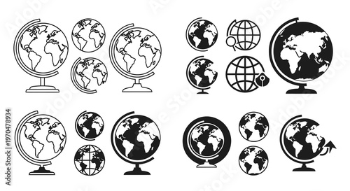 Collection of world globes in varying styles a black graphic silhouette