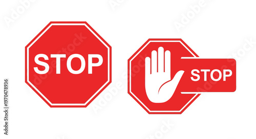 Two red stop signs one with a hand a striking silhouette