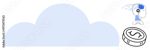Cloud technology, artificial intelligence, finance, digital innovation, business optimization, and future tech. Cloud shape with AI brain and gear, and coin icon. Cloud technology and artificial