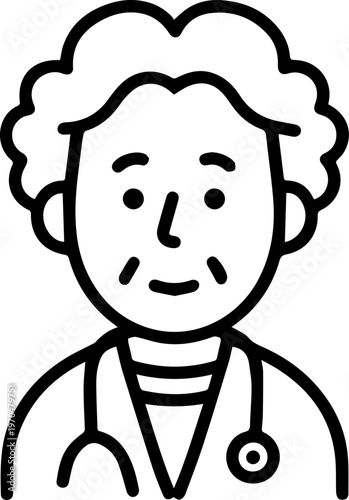 Hand Drawn Elderly Female Doctor Black and White Illustration in Minimal Line Art Style Design
