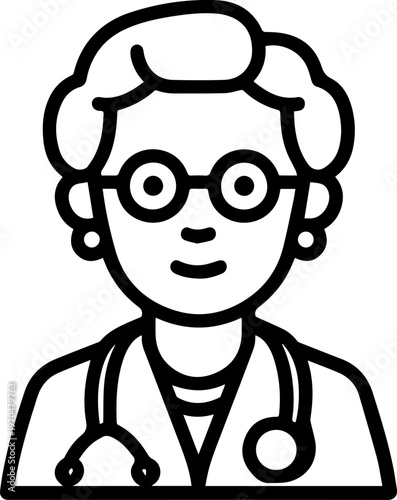 Hand Drawn Elderly Female Doctor Black and White Illustration in Minimal Line Art Style Design