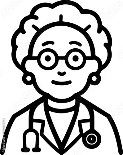 Hand Drawn Elderly Female Doctor Black and White Illustration in Minimal Line Art Style Design