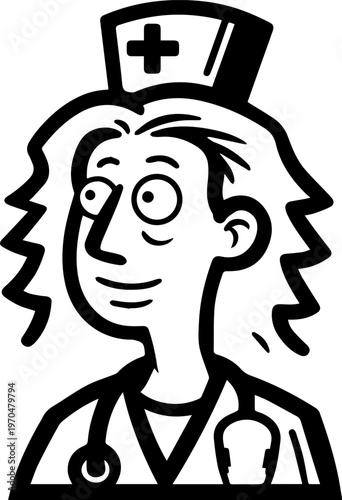 Hand Drawn Elderly Female Doctor Black and White Illustration in Minimal Line Art Style Design