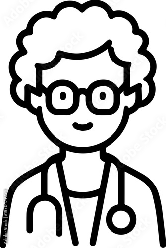 Hand Drawn Elderly Female Doctor Black and White Illustration in Minimal Line Art Style Design