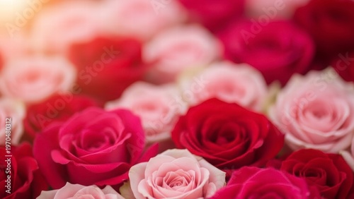 Vibrant Rose Garden: A close-up shot of a variety of rose blooms, in varying shades of red and pink. capturing the lush beauty and intricate details of a natural garden