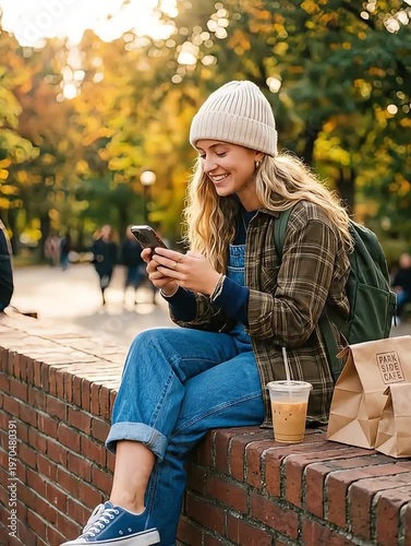 Smiling Woman in Beanie and Flannel Shirt Using Smartphone Outdoors
