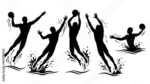 Five silhouettes leaping and dancing in dynamic water spray with energetic motion and joyful expression.