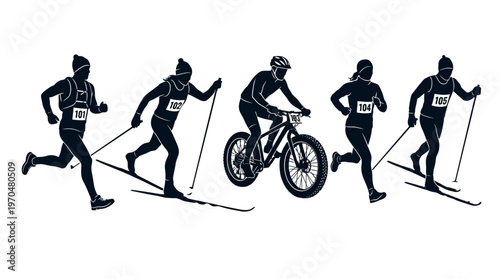 Dynamic silhouettes of athletes running, cycling, and skiing in a sequential montage of athletic activity.
