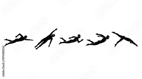 Sequence of five dynamic running silhouettes in motion across a white background.