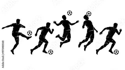 Sequence of silhouettes showing multiple athletes jumping and kicking a ball in a dynamic sports scene.