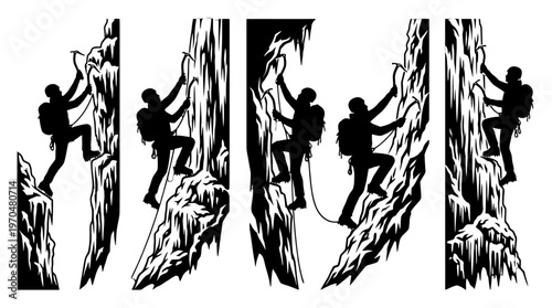 Triptych of climbers scaling rugged cliffs in outdoor adventure silhouettes.