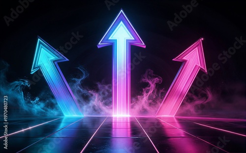 Neon arrows glow brightly pointing upward against a dark smoky