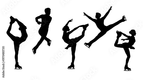 Silhouetted group of people practicing yoga poses and stretches in motion.