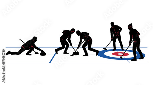 Group of athletes in a dynamic ice sport competition on a rink.