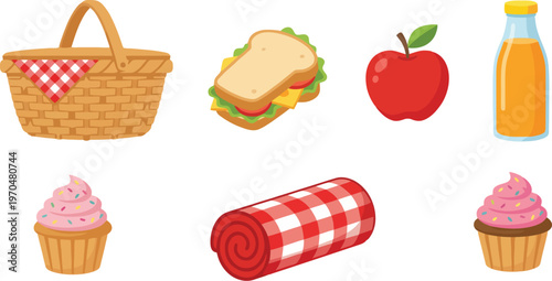 Cute Cartoon Picnic Illustration with Basket, Food and Blanket Set