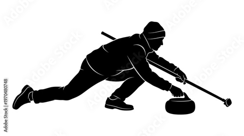 Silhouette of an athlete curling on ice during an intense sweep for the stone.
