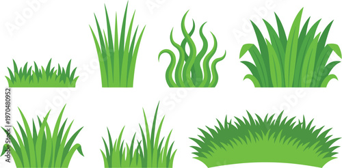 Flat Design Various Green Grass Tuft Ground Decoration Element Set