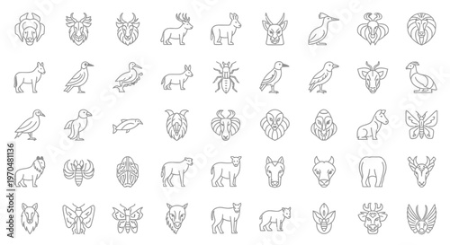 Collection of Diverse Animal Icons and Symbols in Outline Style. Vector Icon. EPS Editable