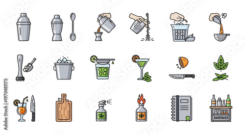 Collection of HandDrawn Cocktail Preparation and Bar Utensil Icons. Vector Icon. EPS Editable