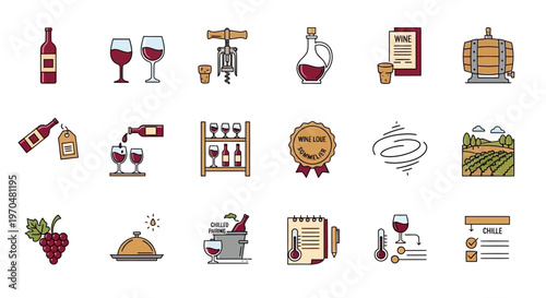 Collection of HandDrawn WineThemed Icons and Illustrations. Vector Icon. EPS Editable