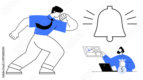 Business communication, financial planning, online marketing, digital alerts, workflow management, data analysis. Professional reacting to a notification, holding a sack of money. Business