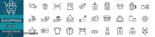 Shopping and ecommerce web line icons set featuring credit card, shopping cart, barcode scan, ATM machine, sale tag, dress fashion, and more Vector Illustration with editable stroke.
