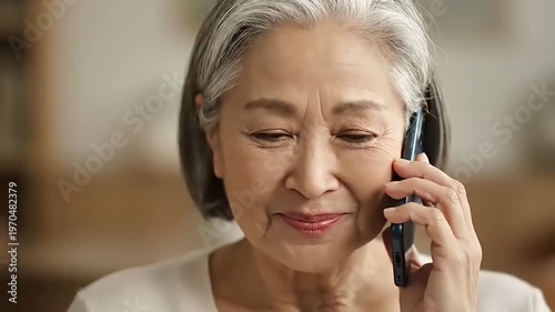 Asian senior woman talking phone.
