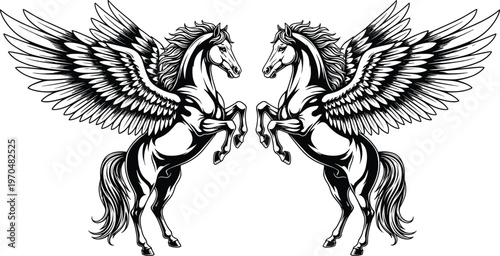 Vector illustration of two rearing pegasus silhouettes facing each other with majestic open wings isolated on a white background for mythological fantasy design.