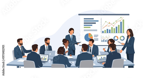 A diverse group of business people in a meeting, viewing a data chart presentation on a screen, depicted in a flat vector illustration style with a clean white background