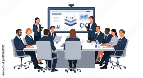 A diverse business team participates in a presentation meeting in a modern office, viewing charts and data on a large screen, depicted in a flat vector style with a clean white background