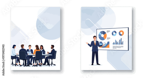 Vector illustration showing a diverse business team during a presentation meeting in an office, along with a businessman presenting charts and data on a screen, all set against a clean