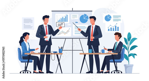 An illustrated business presentation meeting shows a diverse group of people discussing charts and data around a table, with a crisp, clean vector design style and a focus on collaboration