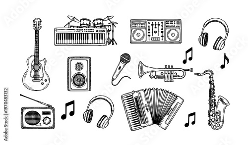 Creative hand-drawn music icons vector – instruments and symbols doodle set