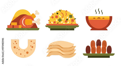 Eid Al-Adha Food Illustration Collection Set of Traditional Middle Eastern and Arabic Cuisine Dishes