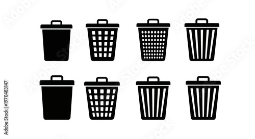 Modern collection of black silhouette trash can and waste bin icons for digital deletion, refuse management, and recycling designs