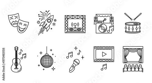 Collection of various entertainment and performance icons including musical instruments, stage, and masks