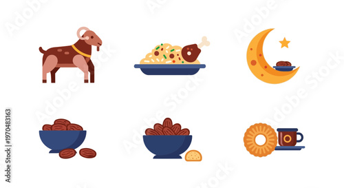 Eid Al Adha Flat Icon Set with Sacrifice Goat, Traditional Middle Eastern Food, Biryani Rice, Dates, and Crescent Moon.