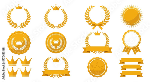 Golden Award and Achievement Vector Collection Laurels, Crowns, Medals, Ribbons, and Badges for Recognition of Success and Excellence