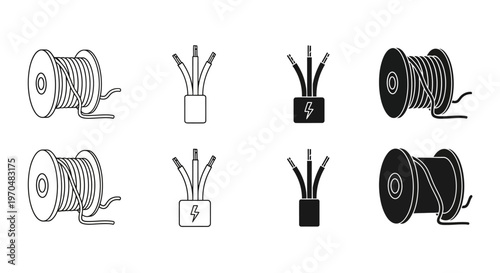 Essential Electrical Cables and Wires Icon Set Featuring Stripped Conductors and Spools for Power Transmission and Connection Diagrams