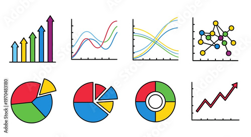 Vibrant collection of essential data visualization charts for business analytics, financial reporting, and statistical growth presentation