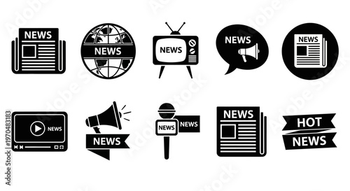Comprehensive Set of Monochrome News and Media Icons for Digital Broadcasting, Reporting, and Information Platforms