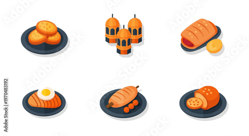 Eid Al Adha Food and Arabic Lantern Icon Set, Traditional Middle Eastern Cuisine, Pastry, and Meat Satay in Flat Isometric Style.