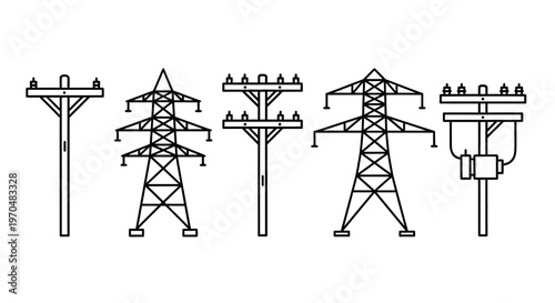 Collection of Electricity Transmission Towers and Utility Poles in Simple Line Art Style