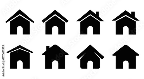 Set of sleek black silhouette home icons showcasing diverse house shapes for modern architecture, dwelling, and property graphic design elements