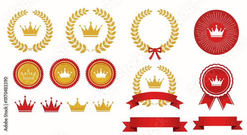 Collection of premium golden crowns, laurel wreaths, and red ribbons, perfect for award ceremonies, victory emblems, and celebratory graphic designs