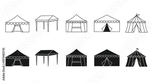 Collection of black and white outline and filled icons representing various canopy tents and marquees