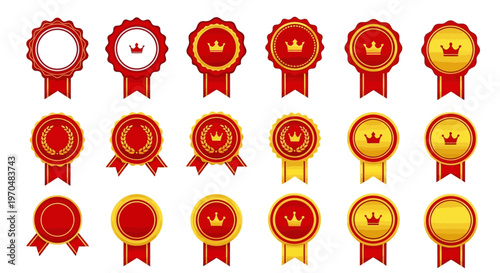 Collection of Premium Red and Gold Ribbons with Crown Emblems, Perfect for Awards and Recognition
